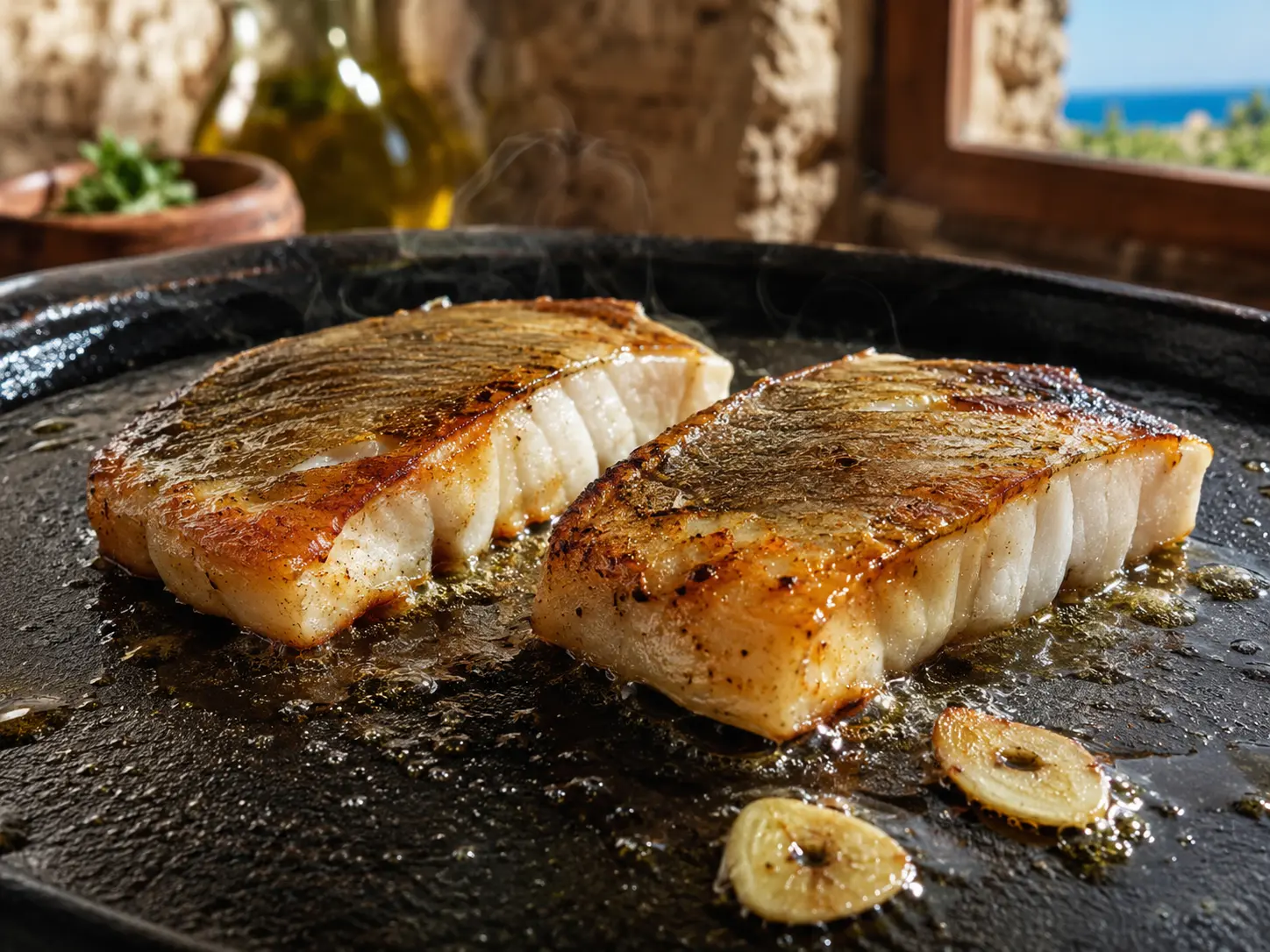 Lomo de gallo San Pedro a la plancha, con costra dorada, sobre plancha de hierro fundido con aceite de oliva y ajo