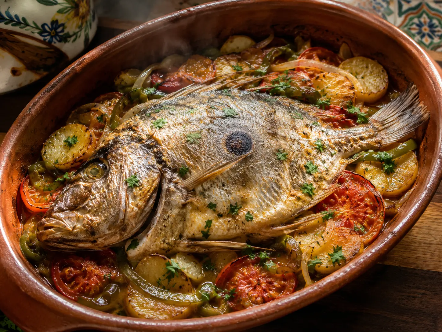 Gallo San Pedro al horno con patatas y azafrán, recién sacado del horno en fuente de barro, estilo malagueño