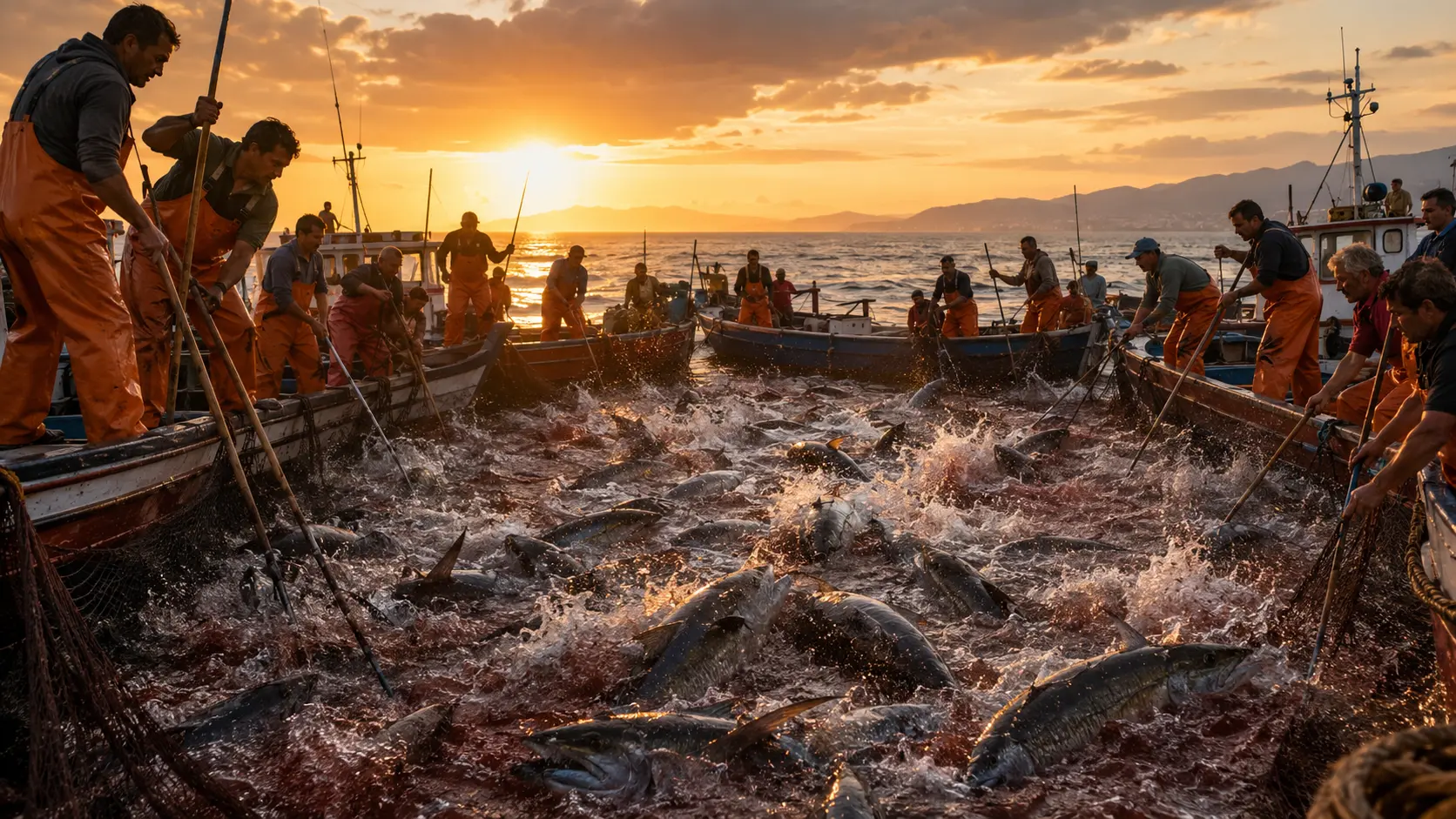 La levantá del atún rojo de almadraba — almadraberos con bicheros rodeando el copo al amanecer en el Estrecho de Gibraltar