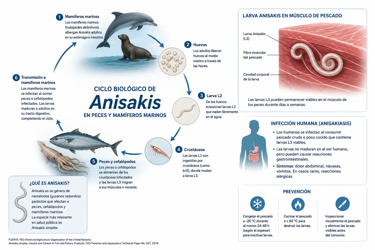 Ilustración del parásito Anisakis en músculo de pescado