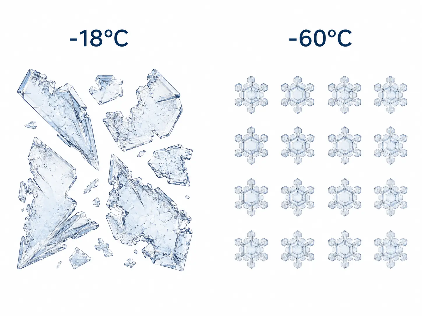 Diferencia entre cristales de hielo a -18 °C y -60 °C en la congelación de pescado
